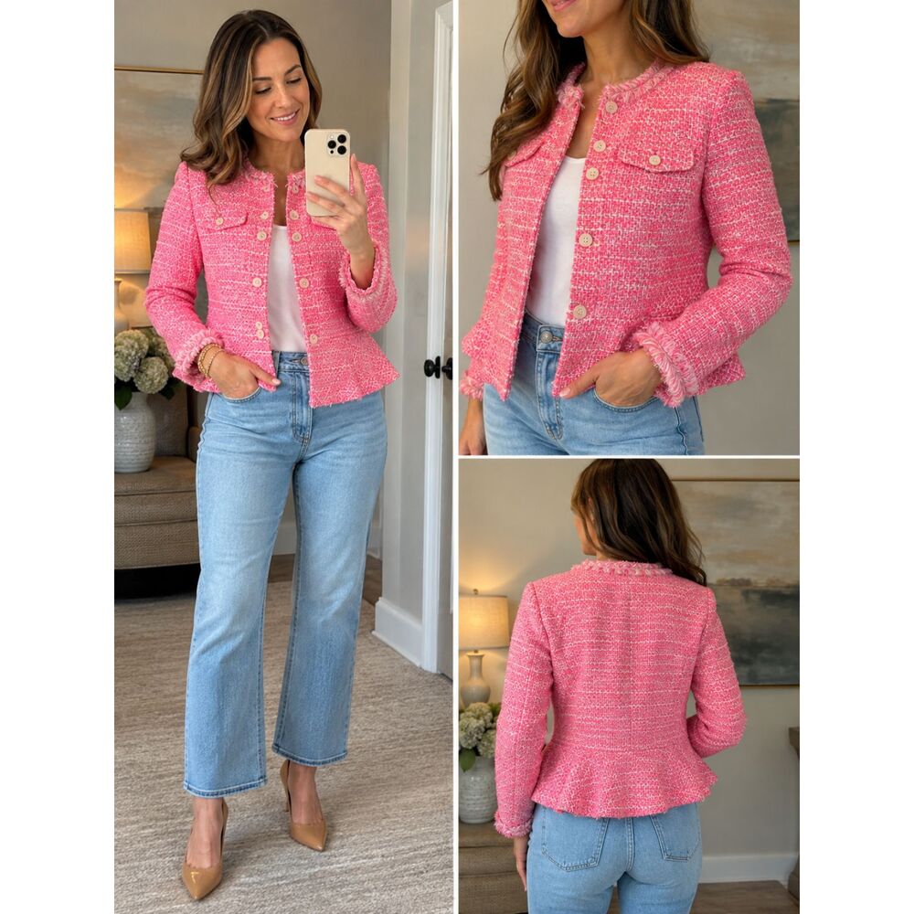 J.Crew Pink Tweed Fringe Blazer Jacket Size 4 Peplum